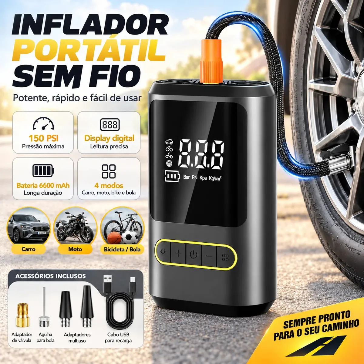 Compressor De Ar Portatil Digital 150 PSI Bomba Eletrica Para Pneu Carro Moto Bike Bola LED Bateria 6600mAh