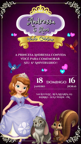 Convite Digital Princesa Sofia Para Whatsapp Personalizado 