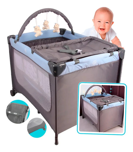 Berço Portatil Caminha Chiqueirinho Compacto Baby Azul Rosa Desenho Do Tecido Cinza