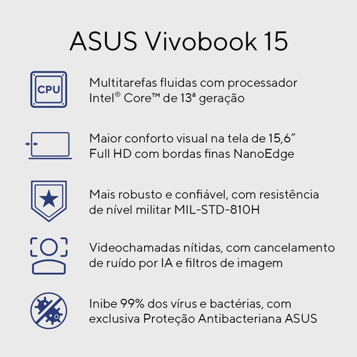 Notebook Asus Vivobook 15 X1504va Intel Core I5 1334u 8gb Ram 256gb Ssd Windows 11 Home Intel Iris Xe Tela 15,6 Led Fhd Blue - Nj1737w