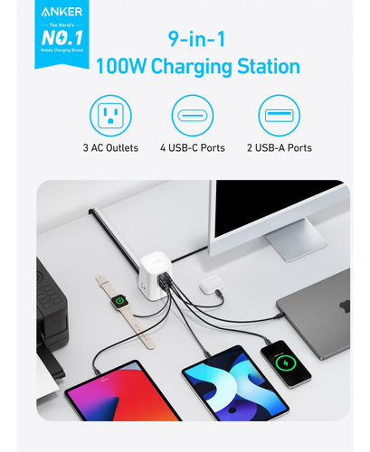 Estación De Carga Anker 9 En 1 Usb C Power Strip De 100 W, C