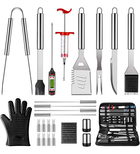 Set Bbq Asado Parrilla 25 Piezas Con Termómetro E Inyector