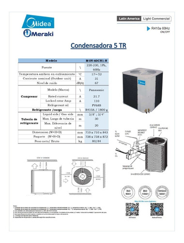 Imagen 3 de 3 de Condensadora Aire Acondicionado 5tr 220-230v 1ph 60hz Midea