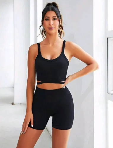 Conjunto Deportivo Biker + Crop Top Push Up- Negro Ref 5170