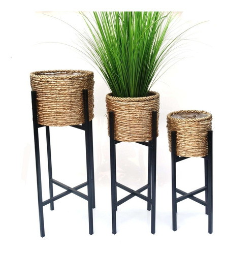 Maceta Decorativa Fibras Naturales Florero C/soporte Set X3