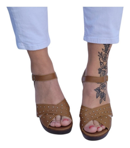 Sandalias Mujer Cuero Tachas Plataforma Tiras Cruzadas 