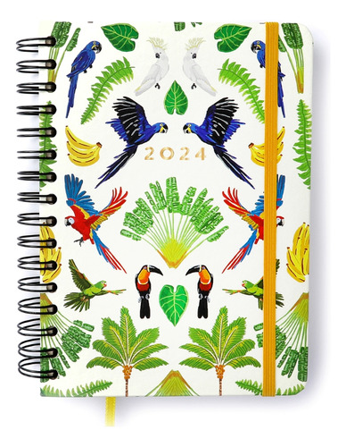 Agenda Planner 2024 Cicero Wire-o Diária A5 Cor da capa Pássaros/Floresta Tropical Branco