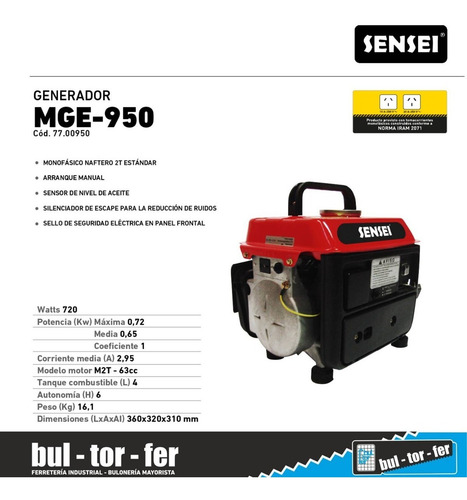 Imagen 2 de 6 de Grupo Electrogeno Generador Sensei 720w Naftero 2tiempo 63cc