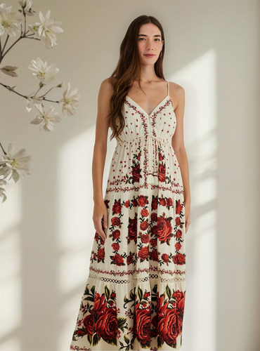 Vestido Longo Farm Estampa Rosalia Bege