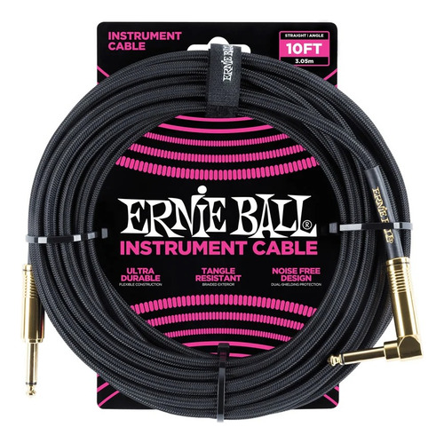 Cable Ernie Ball Guitarra Plug Plug Angular 3 Metros Negro