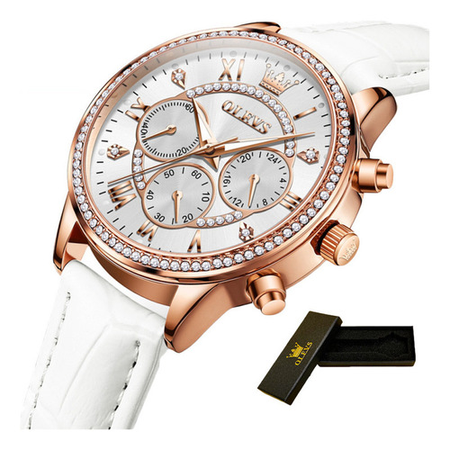 Reloj Olevs de piel de cuarzo con cronógrafo luminoso y correa en color blanco/rosa