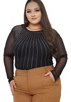 Comprar Body Plus Size Tule Com Pedraria Manga Longa Plus Size