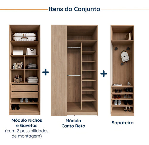 Guarda-roupa Modulado Joy 3 Peças Canto, Nicho Com 2