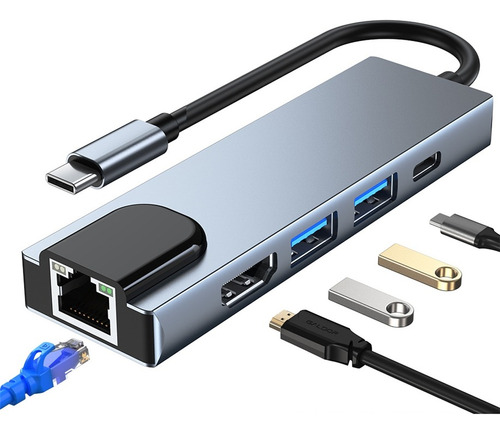 Hub 5 En 1 Usb Tipoc A Hdmi 4k 2-usb 3.0 Red Gigabit P Carga