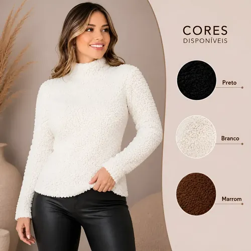 Blusa Teddy Feminina Gola Alta Lã Pelinho Manga Longa Frio Branco Teddy G