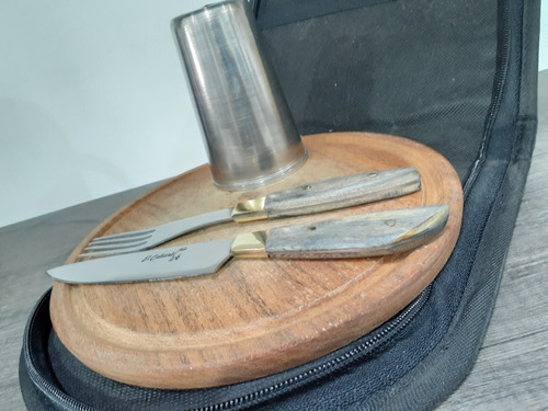 Imagen 5 de 7 de Set Asado Cuero Parrilla Tabla Cuchillo Tenedor Acero Funda