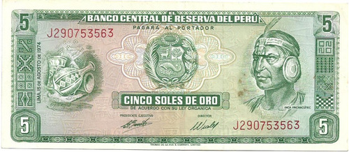 Peru 5 Soles De Oro 1974 Pick 99 Usado