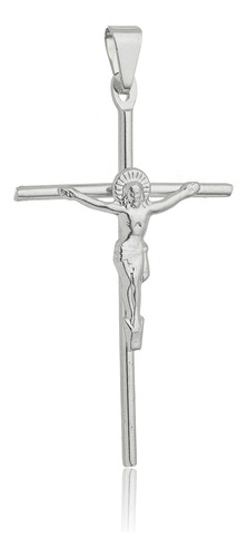Pingente Crucifixo C/ Cristo Cruz Palito Aço Inox Unissex 1 Cor Prateado
