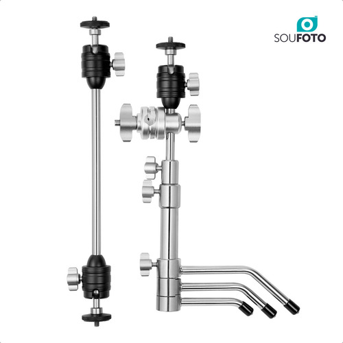 Mini Tripé De Inox TGF-053i Com Braço Articulado, Ball Head 360°, Base C-Stand Antiderrapante, Altura Ajustável 30cm a 53cm, Suporte Para Celular, Iluminação, Câmera e Microfone - Sou Foto