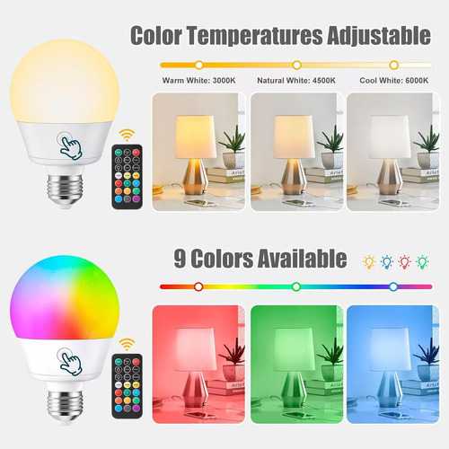 2pcs Bombilla Led Recargable Rgb Con Remoto Base E26 O E27