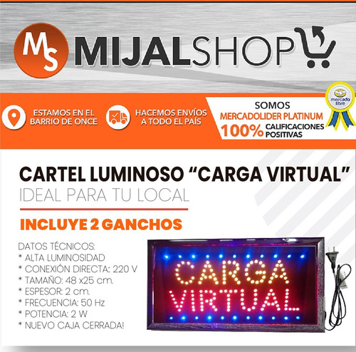 Cartel Luminoso Led Carga Virtual 48 X 25 Cm Oferta Especial