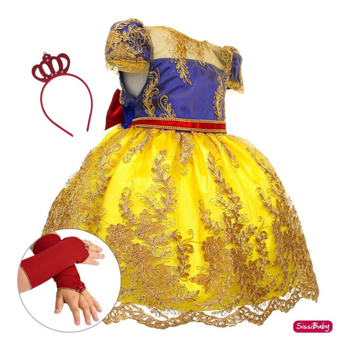 Imagem 1 de 8 de Vestido Princesa Branca De Neve Infantil Coroa E Luvas