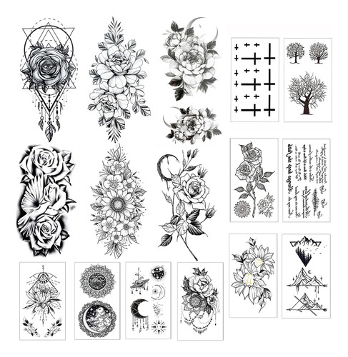 16 Hojas De Tatuajes Temporales De Flores Negras 3d Para Muj