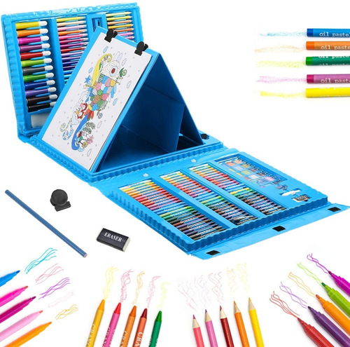 Set De Arte Creativo Kit Dibujo 208piezas Caballete Pinturas