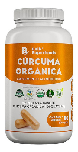 Suplemento Cúrcuma Orgánica 180 cápsulas de 500 mg 100% Natural Sin Gluten Apto Keto | Bulk Superfoods