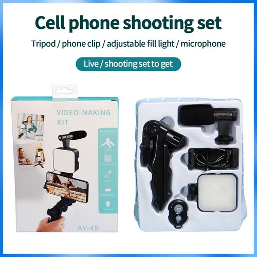 Soporte Tripode Celular + Micrófono Y 3 Luces Led Kit Vlog