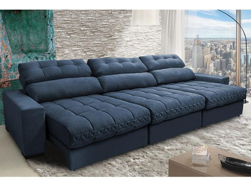 Sofá Retrátil e Reclinável com Molas Ensacadas Cama Inbox Master 3,82m Tecido Suede Azul