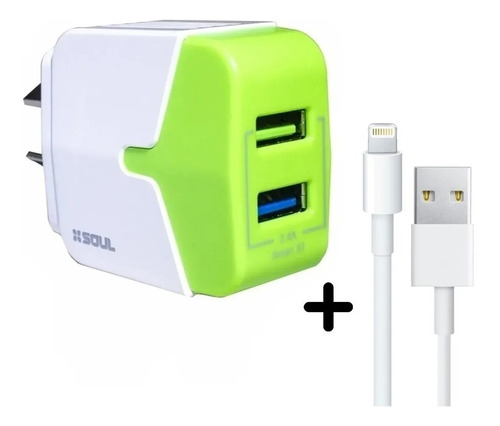 Cargador Rapido Doble Usb 2.4 Ampers + Cable Para iPhone Color Verde
