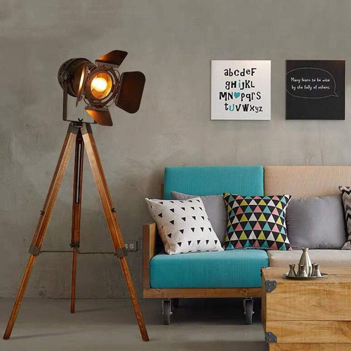 Lámpara De Pie Vintage Con Trípode De Madera Negra Para Sala