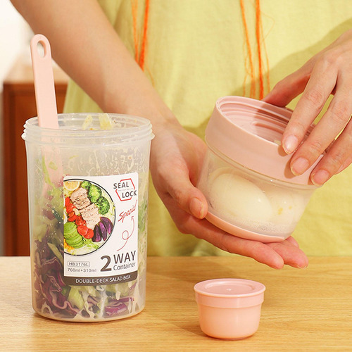 Taza De Ensalada De Almuerzo Con Tapa Y Tenedor, Taza Rosa