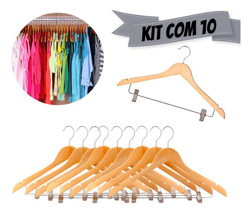 Kit 10 Cabides Luxo Madeira Marfim C/ Prendedor P/ Closet