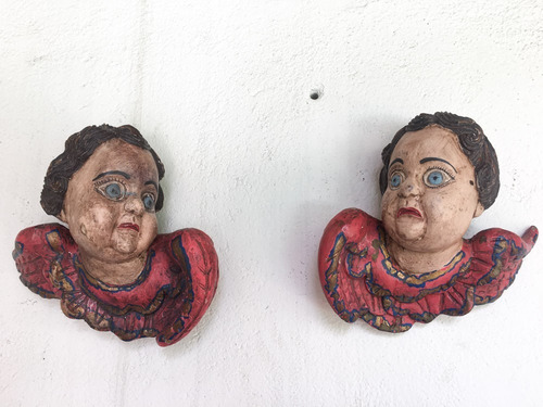 Imagem 7 de 10 de Arte Sacra Antigo Par Escultura Anjo Querubim Madeira