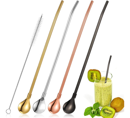 4 Pajitas De Acero Inoxidable Reutilizables Con Cepillo De L