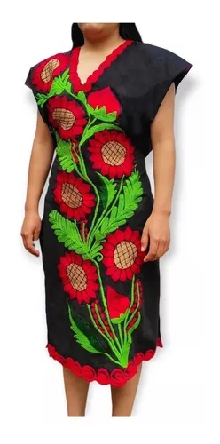 Vestido Mexicano Bordado Girasol. Tallas S 3X Vestido Mexicano