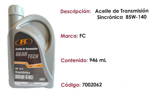 Imagen 2 de 2 de Aceite De Transmisión Sincrónica 85w-140