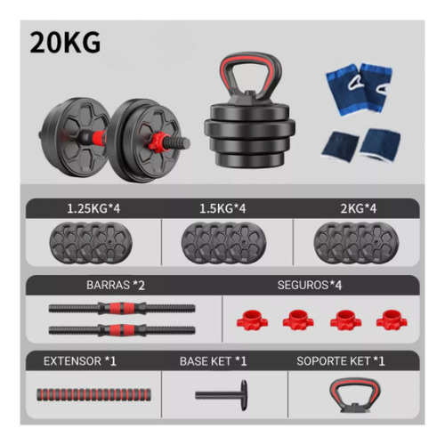 Set Mancuernas Barra Ajustables 20 Kg 3 En 1 Chilestar Negro
