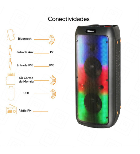 Caixa De Som Light Box Sm-cap39 Sumay 800w - 2 Microfone Cor Preto Bivolt Ac 50 60hz 110v-220v