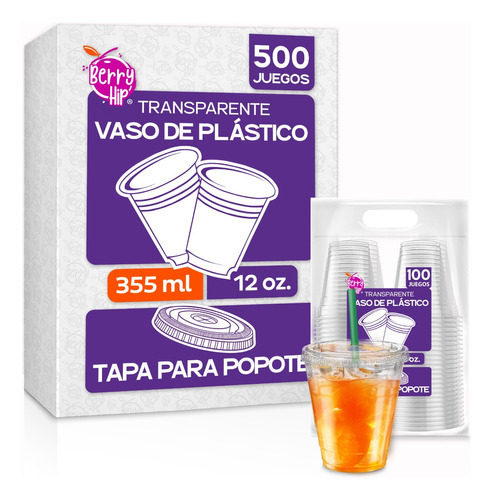 500 Vasos Desechables De Plástico Con Tapa Para Popote 12oz Transparente para Bebidas Frías, Café, Jugos o Frappés