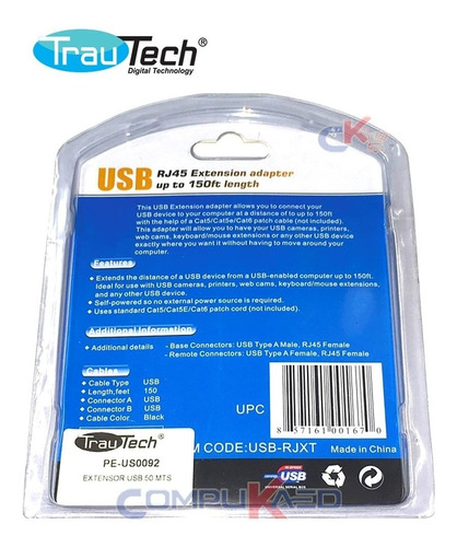 Imagen 3 de 4 de Kit Extension Usb Por Utp Cable De Red Cat 6 Hasta 50 Metros