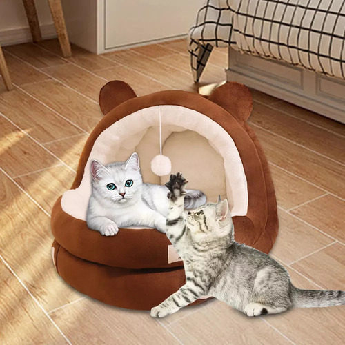 Cama Semicerrada Para Gatos, Cama Para Dormir, Marrón