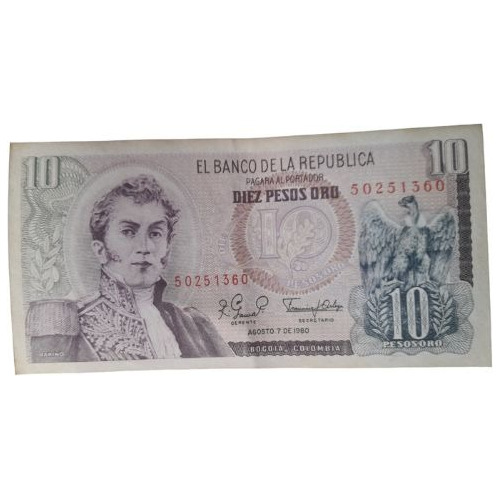 Billete 10 Peosos 7 Agosto 1980 Colombia Como Nuevo