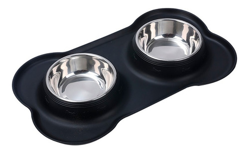 Tazones Para Mascotas Con Tapete De Silicon Modelo Hueso Color Negro