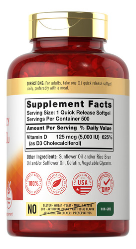 Carlyle Vitamina D3 5000 Ui Suplemento No Gmo 500 Cápsulas