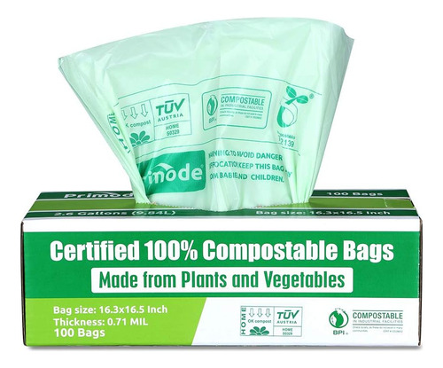 Primode 100% Compostable Bags 2.6 Gallon Food Scraps Yard