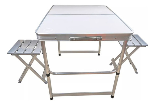 Mesa Kushiro Plegable + 2 Bancos Aluminio Para 2 Personas Color Plateado