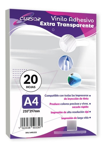 Vinilo Adhesivo Extra Transparente Cursor A4 20 Hojas